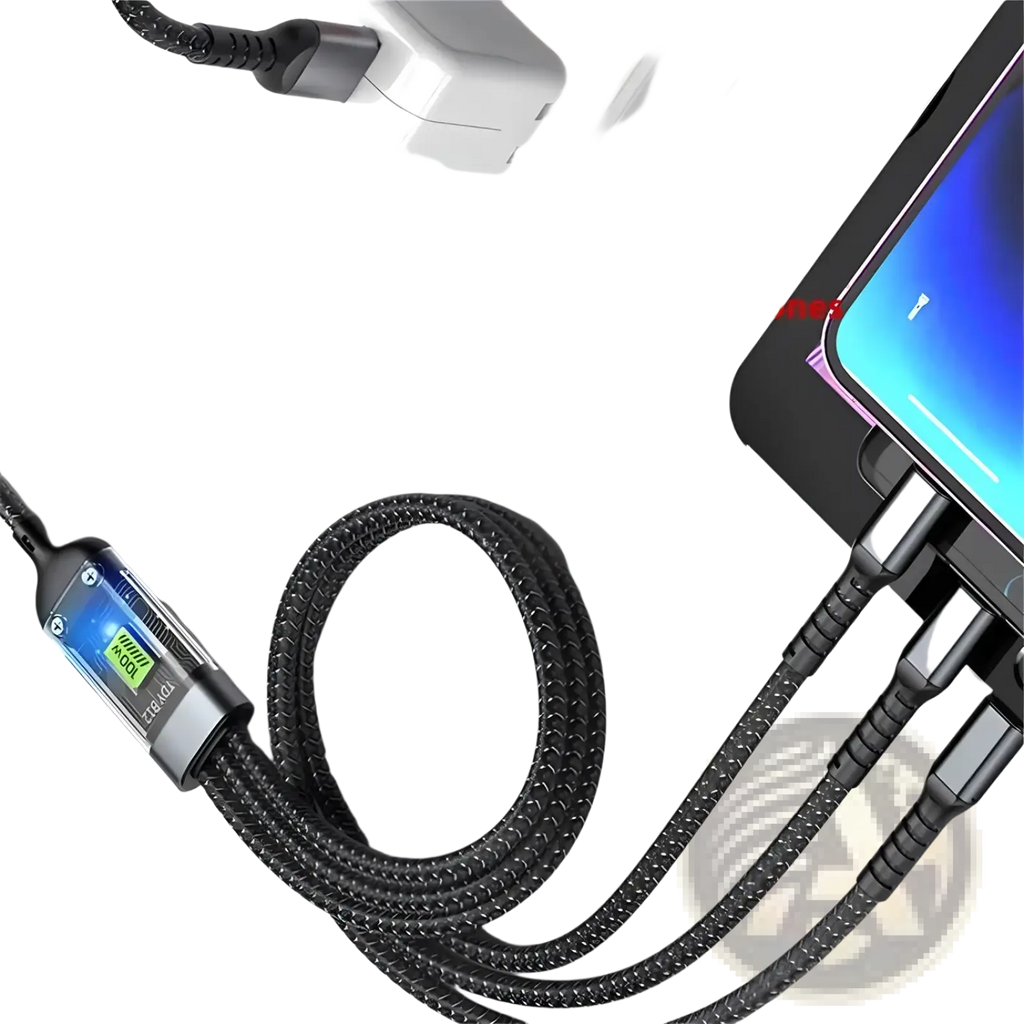 Black braided usb-c 100w 3-in-1 fast charging cable with digital display on connector made of durable nylon
