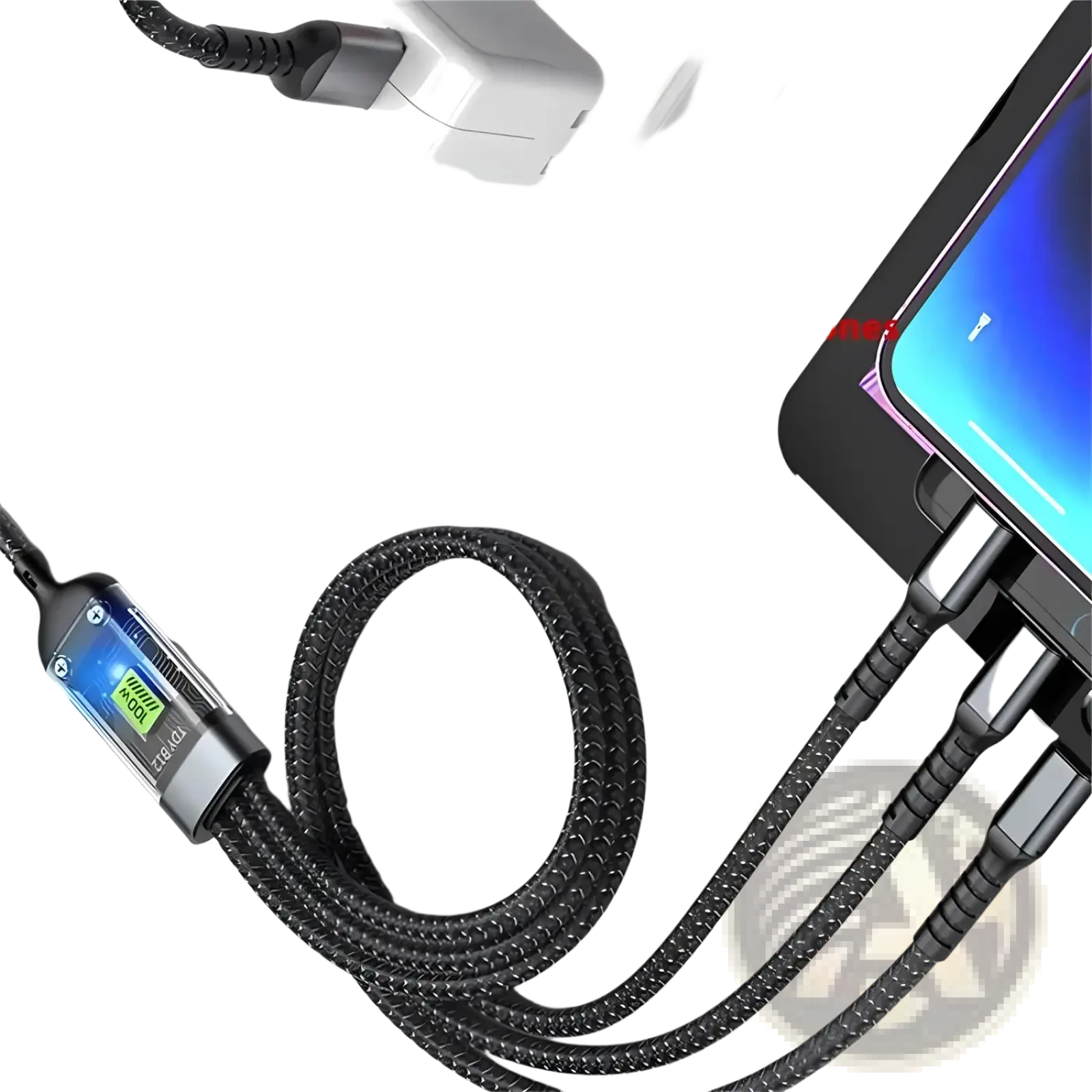 Black braided usb-c 100w 3-in-1 fast charging cable with digital display on connector made of durable nylon