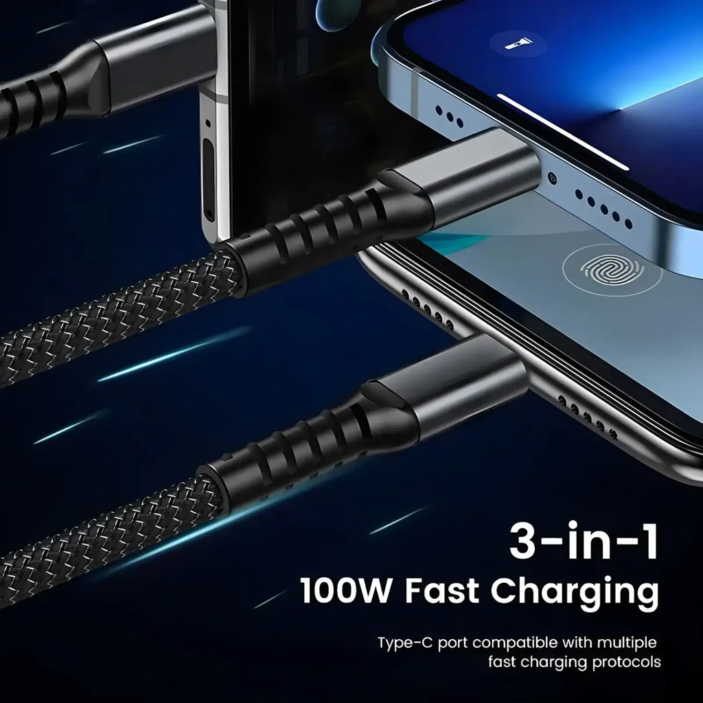 Black braided usb-c charging cable with metallic connectors 100w 3-in-1 fast charging nylon braided cable