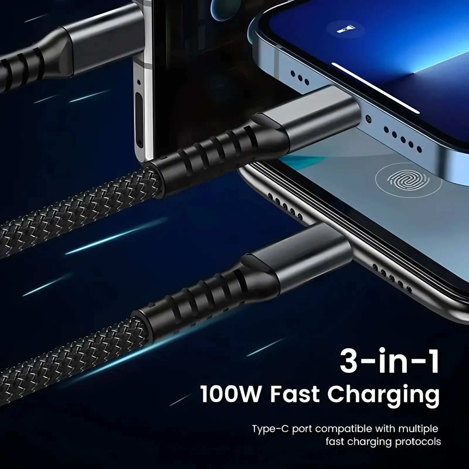 Black braided usb-c charging cable with metallic connectors 100w 3-in-1 fast charging nylon braided cable