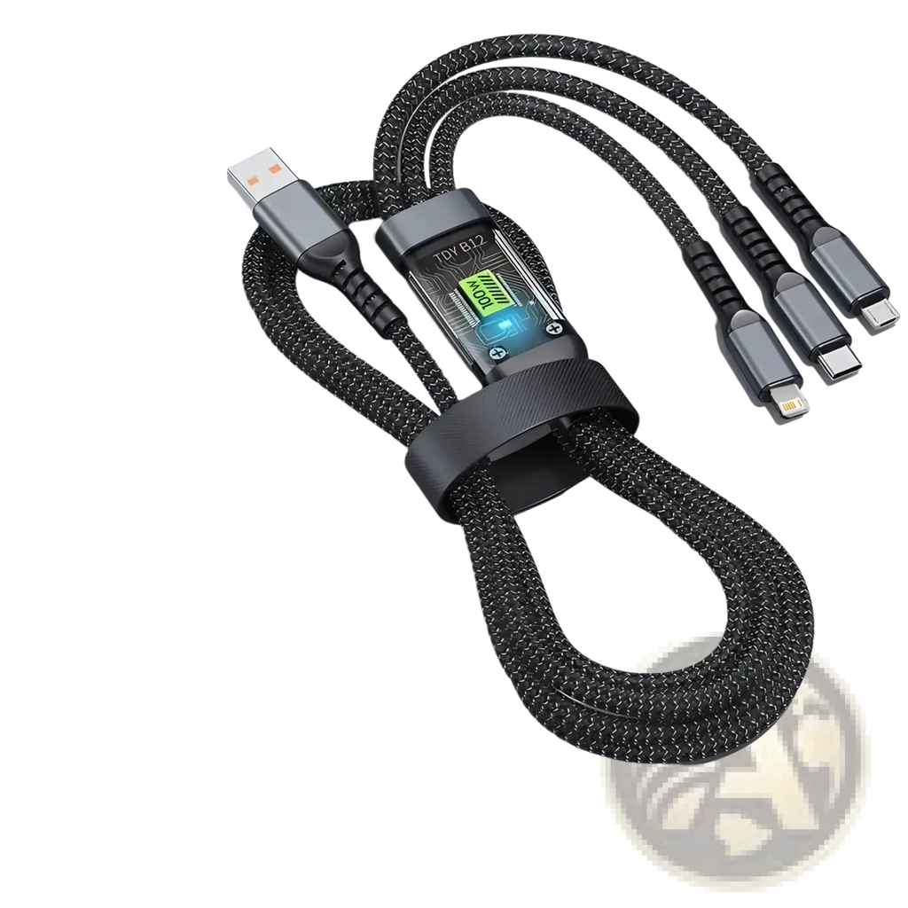 Black braided nylon 100w 3-in-1 fast charging usb-c cable with multiple connectors and transparent chip display