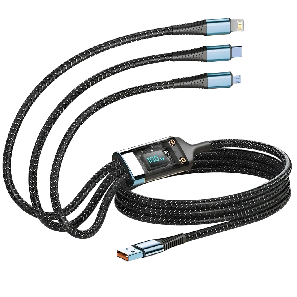 Black nylon braided 100w 3-in-1 fast charging cable with digital display and usb-a lightning type-c connectors