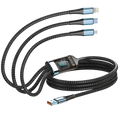Black nylon braided 100w 3-in-1 fast charging cable with digital display and usb-a lightning type-c connectors