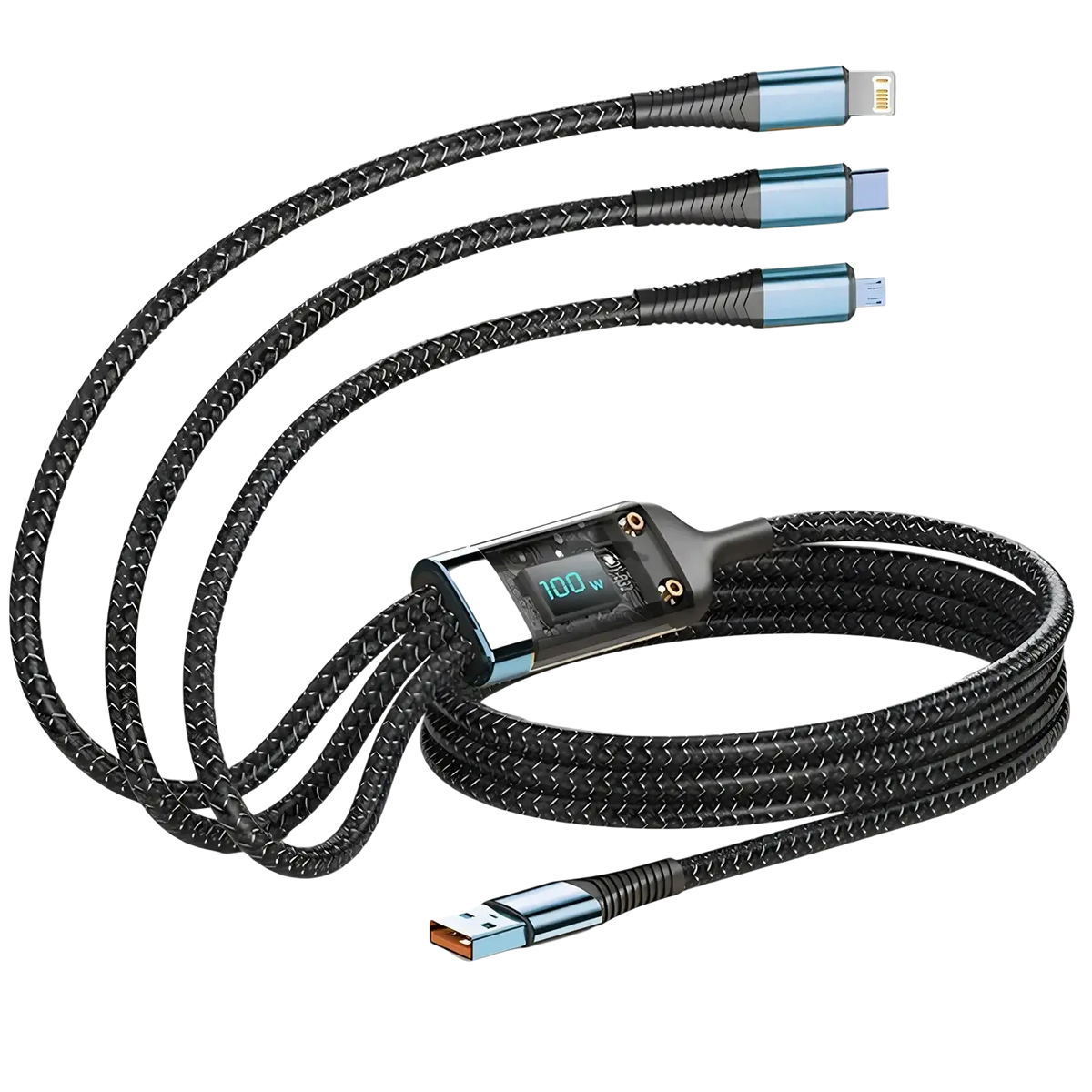 Black nylon braided 100w 3-in-1 fast charging cable with digital display and usb-a lightning type-c connectors