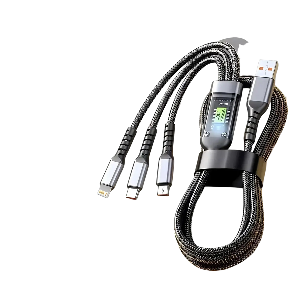 Black braided 100w fast charging nylon cable with digital display and three connectors for iphone android and type-c devices