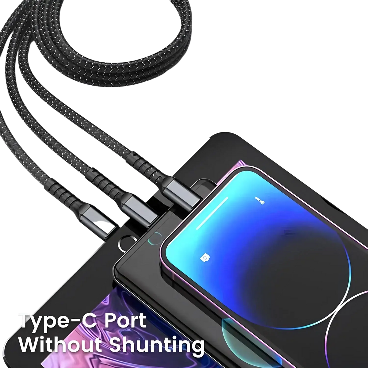 Black braided usb-c 3-in-1 fast charging cable with reinforced nylon connectors and 100w power capacity