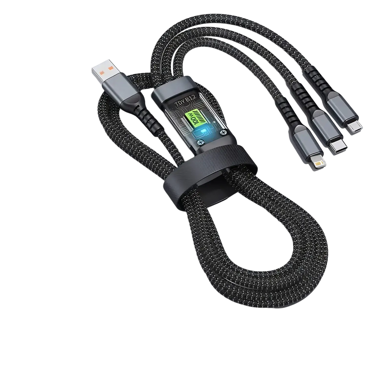 Black braided nylon 100w 3-in-1 fast charging usb-c cable with multiple connectors and transparent chip display