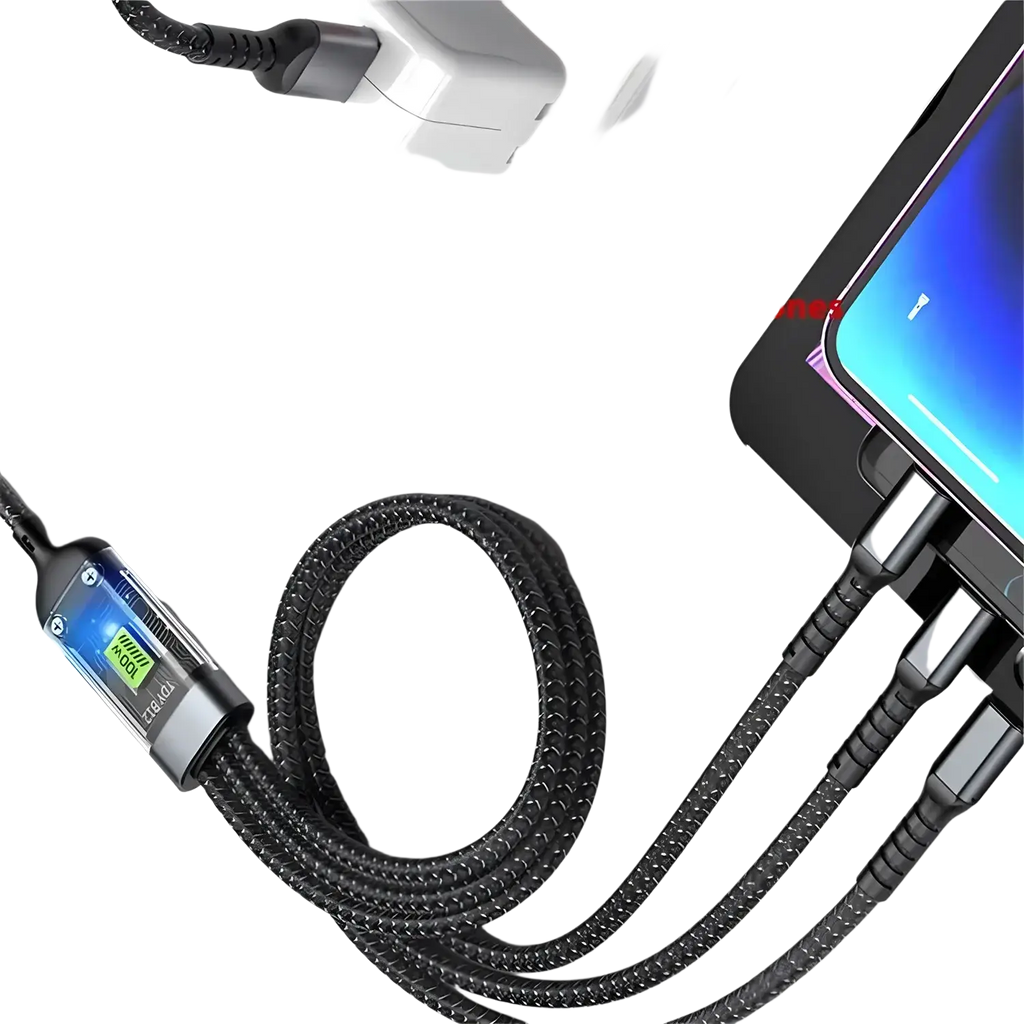 Black braided usb-c 100w 3-in-1 fast charging cable with digital display on connector made of durable nylon