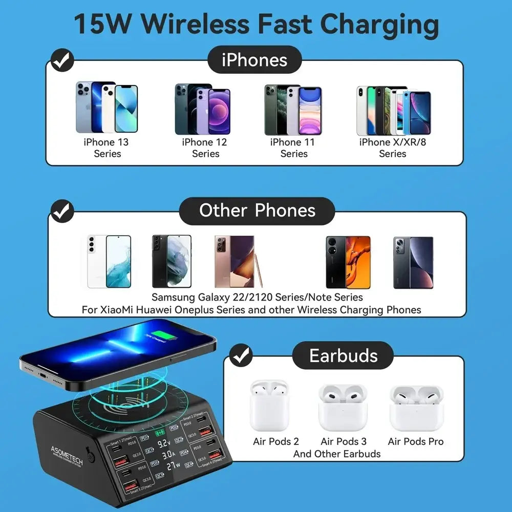 Black 15w wireless charging hub with multiple ports and digital display for 100w 8 port usb charging station 5v3a 24w max