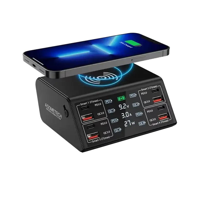 Black asometech 100w 8 port usb charging station with wireless charging, multiple usb ports, lcd display, 5v3a 24w max
