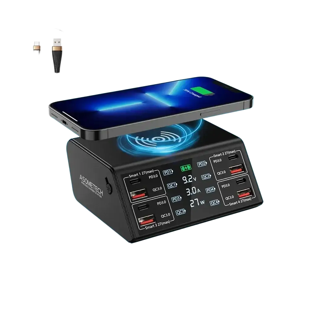 Black asometech 100w 8 port usb charging station with wireless charging pad supports 5v3a and 24w max output