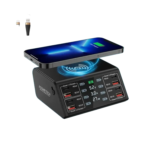 Black asometech 100w 8 port usb charging station with wireless charging pad supports 5v3a and 24w max output