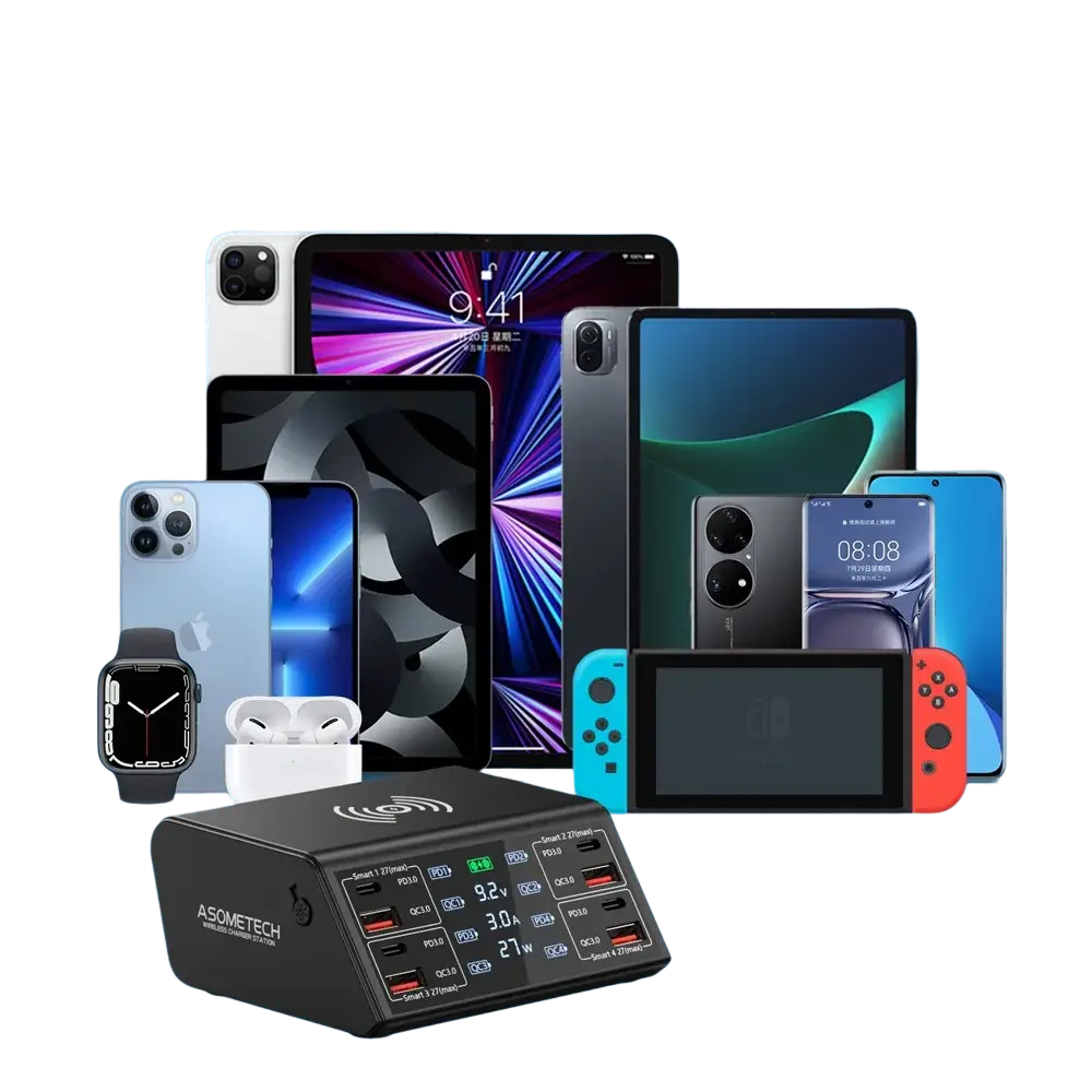 Black asometech 100w 8 port usb charging station with wireless charging and 24w max output for fast charging devices