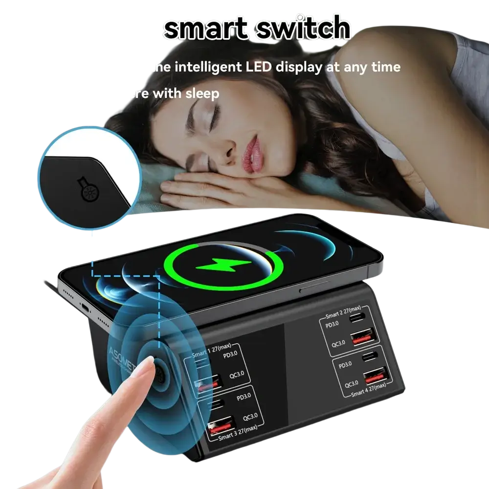 Black 100w 8 port usb charging station with wireless charging smart switch led display supports 5v3a 24w max output