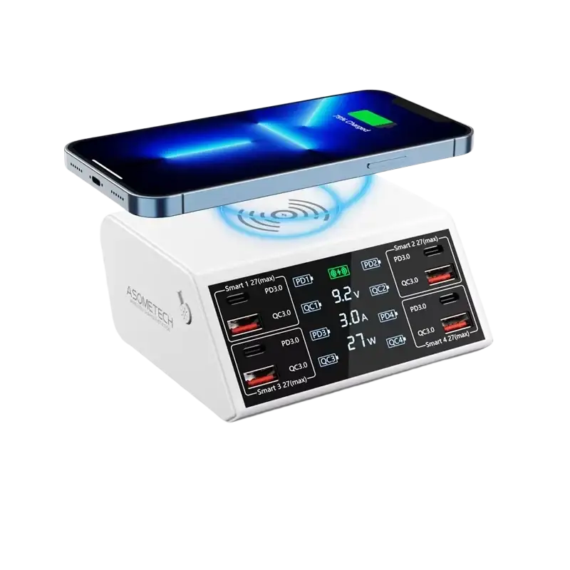 White asometech 100w 8 port usb charging station with lcd display wireless charging 5v3a 24w max output