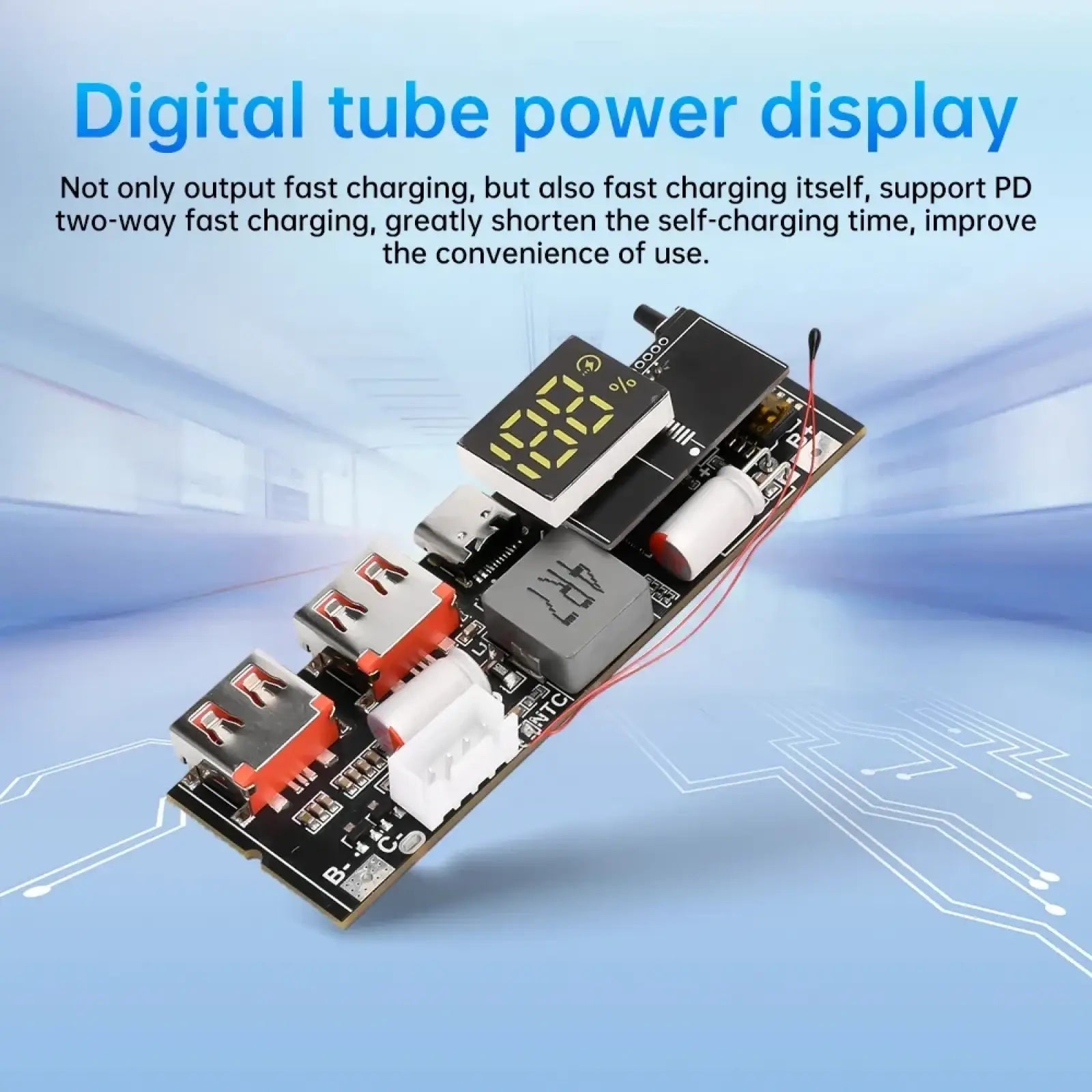 Black circuit board 100w fast charging power bank module with digital tube display usb ports and white capacitors