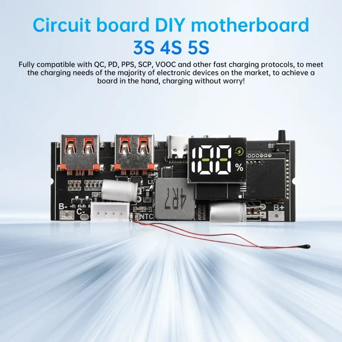 Black diy motherboard circuit board module with multiple usb ports and digital display showing 100 percent for 100w fast charging power bank