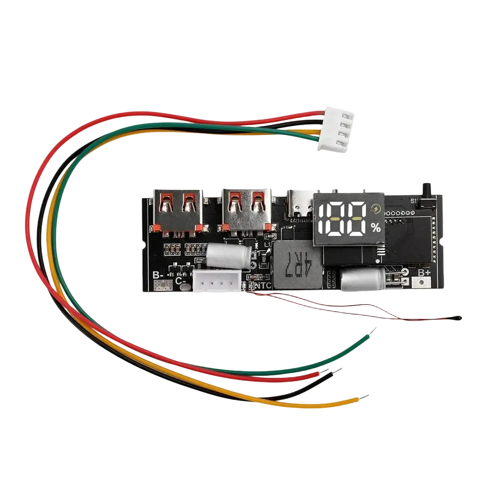 Black 100w fast charging power bank circuit board module with multiple usb ports digital display and color-coded wiring