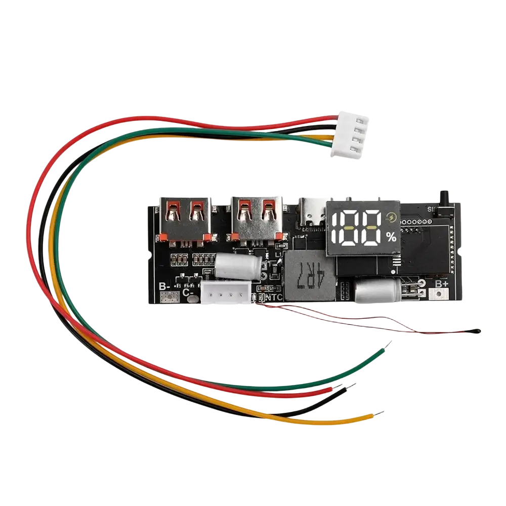 Black electronic 100w fast charging power bank circuit board module with digital display usb ports and colored wiring