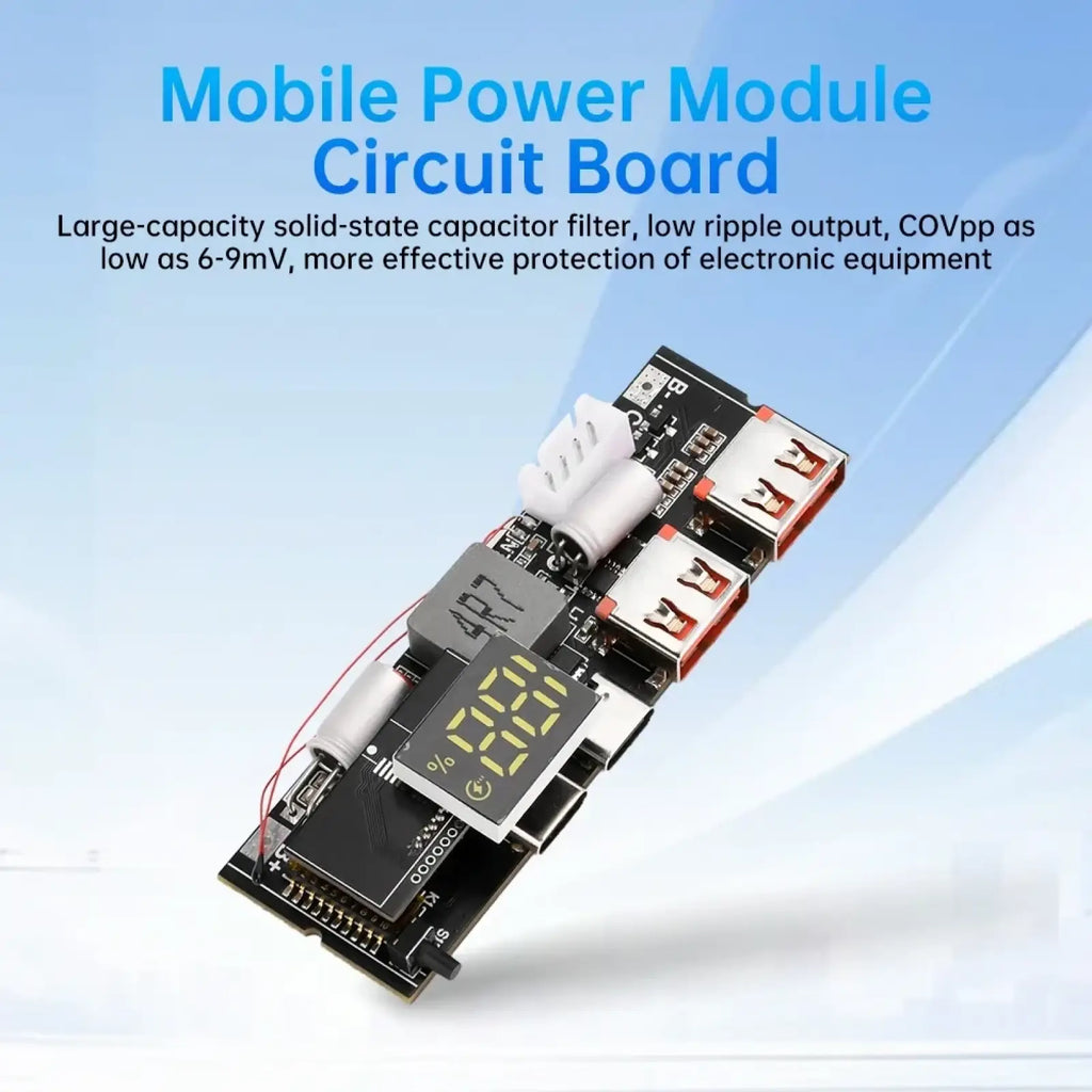 Black 100w fast charging power bank circuit board module with three USB ports digital display and white capacitors