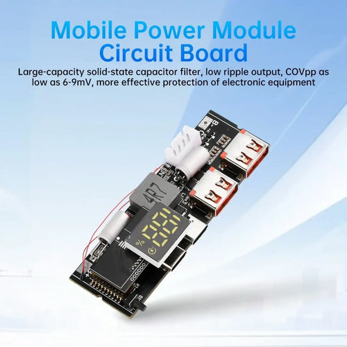 Black 100w fast charging power bank circuit board module with three USB ports digital display and white capacitors