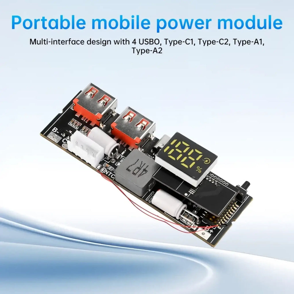 Black portable 100w fast charging power bank circuit board module with orange USB ports and digital display showing 100%