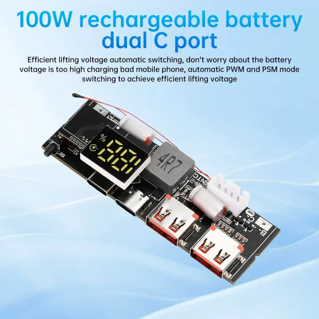 100w fast charging power bank circuit board module with dual c ports and digital display in black rechargeable battery