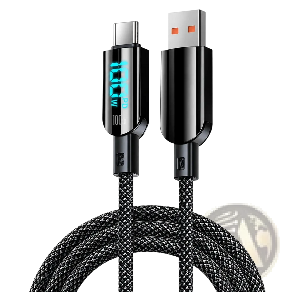 Black braided usb-c to usb-a fast charging cable with 100w led digital display on usb-c end showing pd power readout