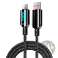 Black braided usb-c to usb-a fast charging cable with 100w led digital display on usb-c end showing pd power readout