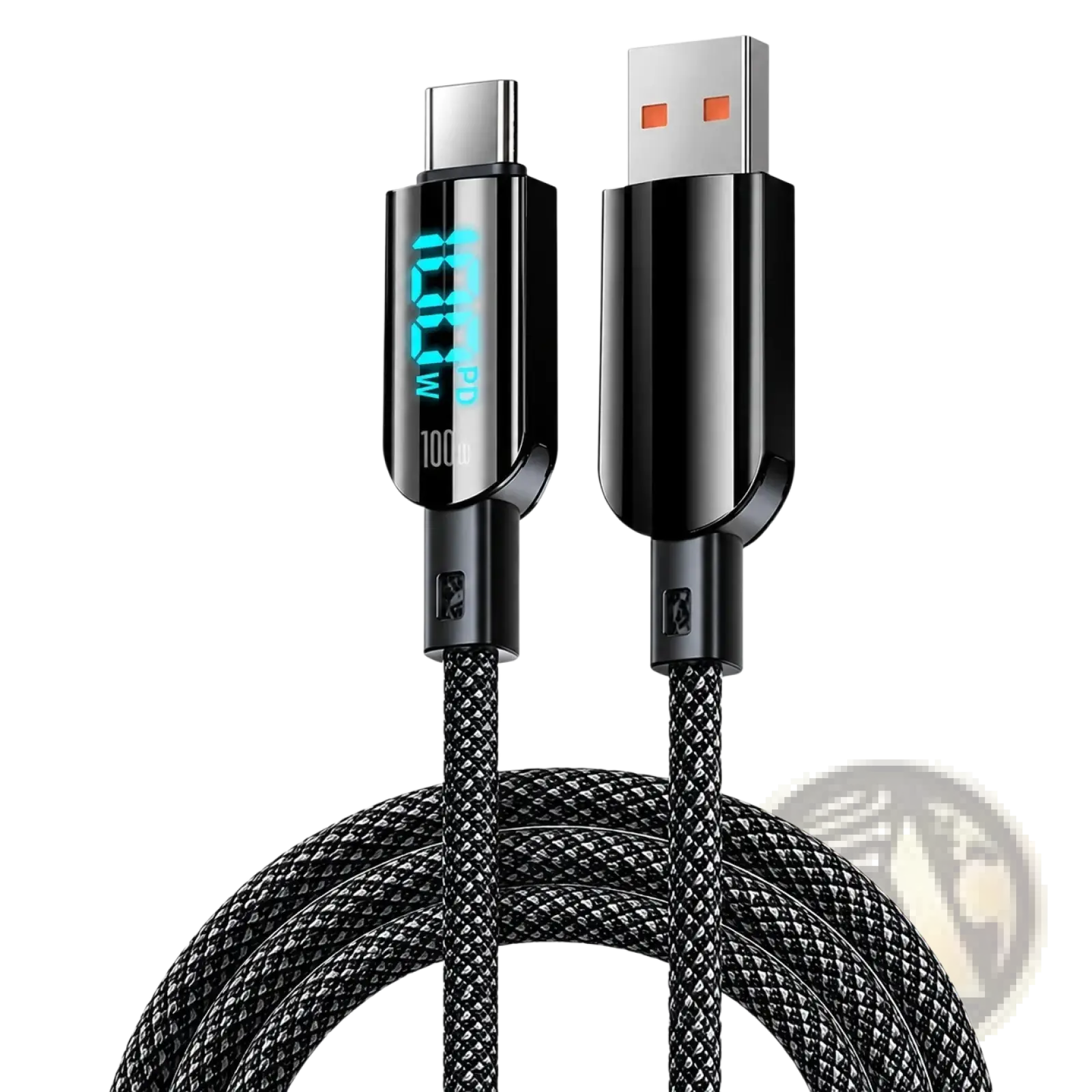 Black braided usb-c to usb-a fast charging cable with 100w led digital display on usb-c end showing pd power readout