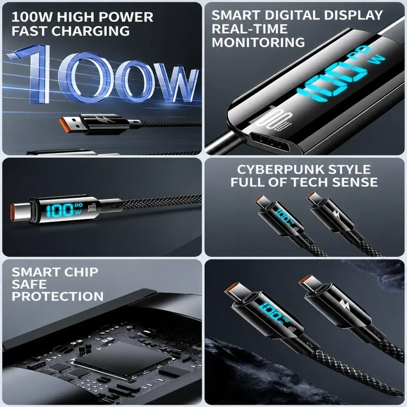 Black braided usb-c fast charging cable with led digital display showing 100w power for efficient device charging