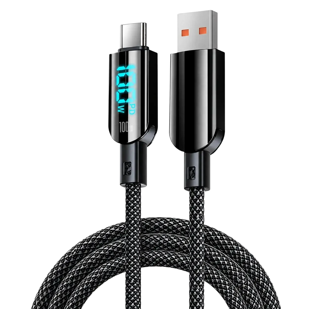 Black braided usb-c to usb-a fast charging cable with 100w led digital display on usb-c end showing pd power readout