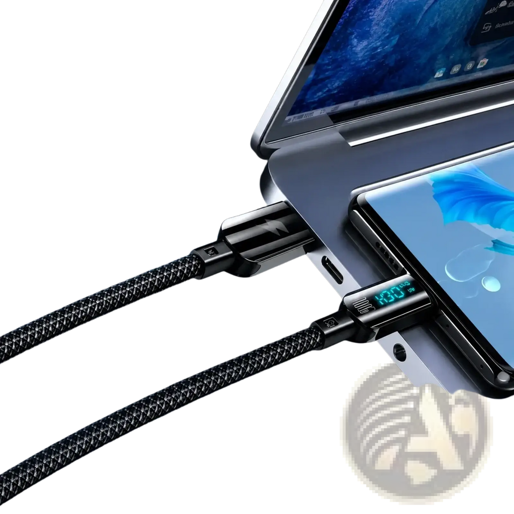 Black braided 100w led digital display usb-c fast charging cable showing 130 percent charge level