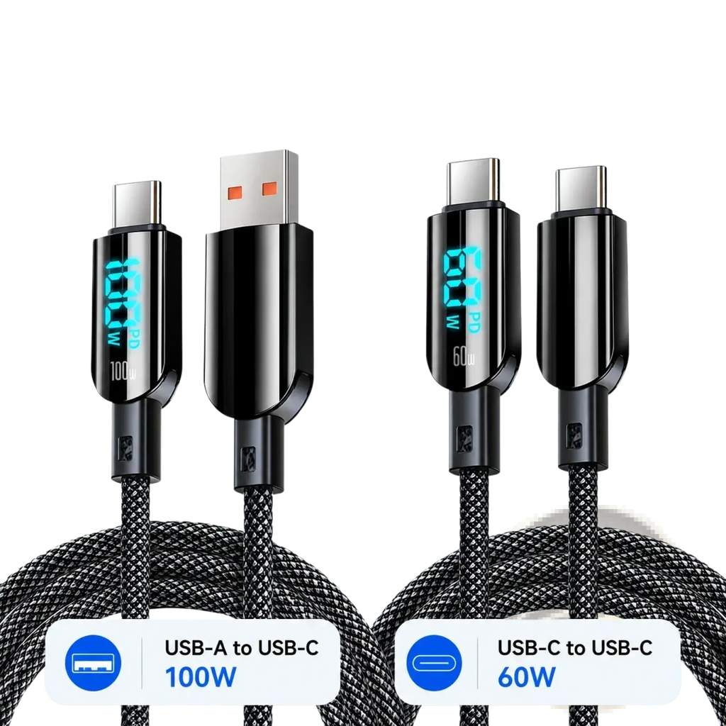 Black braided 100w led digital display usb c fast charging cables with usb-a to usb-c and usb-c to usb-c connectors