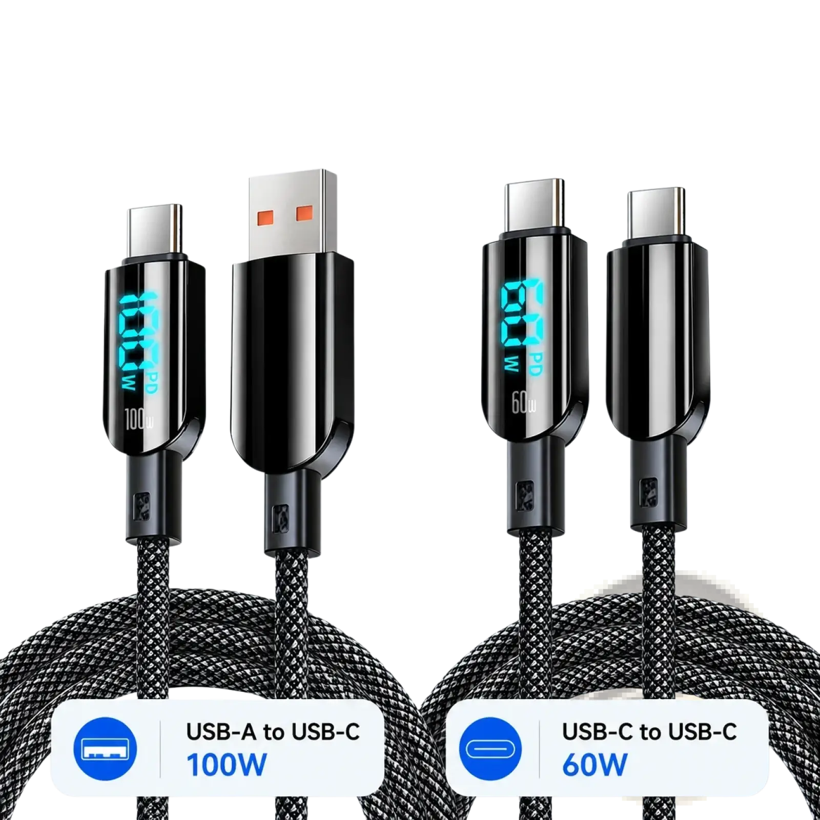 Black braided 100w led digital display usb c fast charging cables with usb-a to usb-c and usb-c to usb-c connectors
