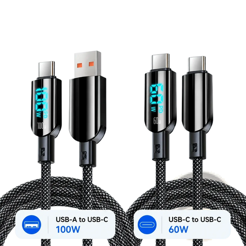 Black braided 100w led digital display usb c fast charging cables with usb-a to usb-c and usb-c to usb-c connectors