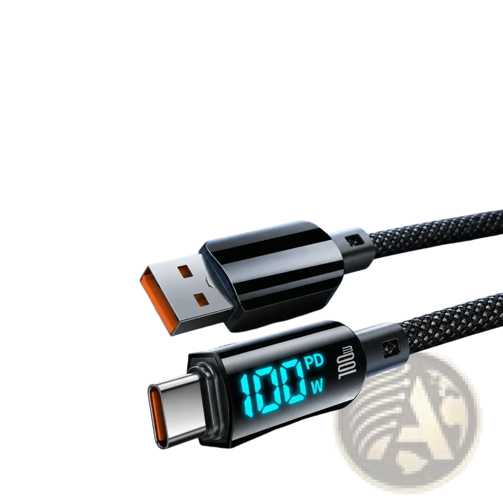 Black braided usb-c to usb-a fast charging cable with 100w pd led digital power display for efficient charging