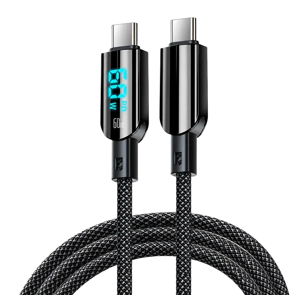 Black braided usb-c fast charging cable with digital led display showing 60w pd power for 100w charging capability