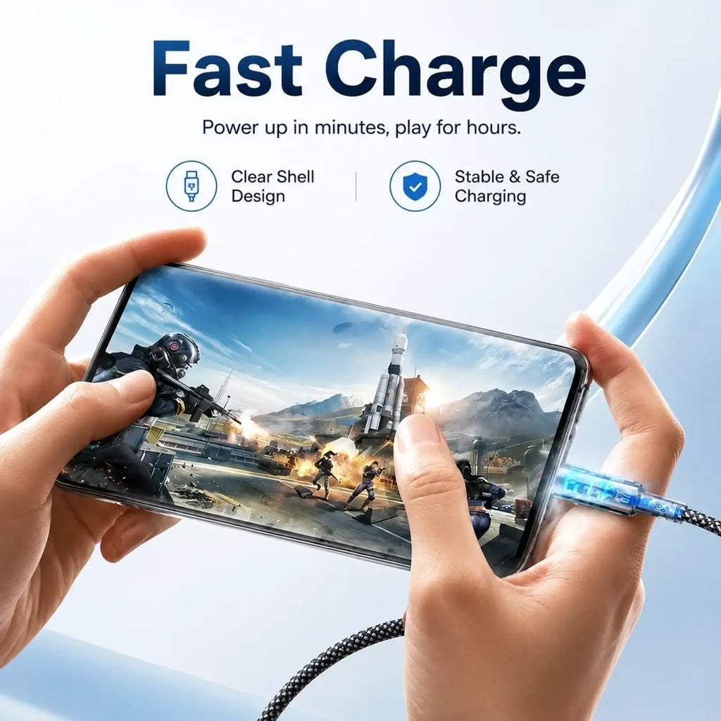 Blue braided usb-c fast charge cable with clear shell design and 100w led digital display for fast charging