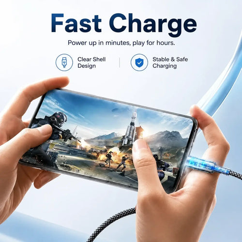 Blue braided usb-c fast charge cable with clear shell design and 100w led digital display for fast charging