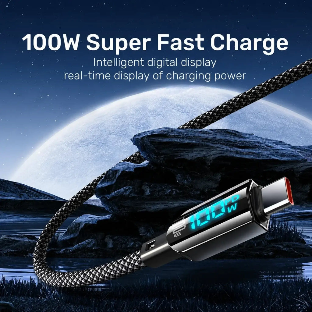 A sleek black braided usb-c fast charging cable with a metallic connector and 100w led digital display