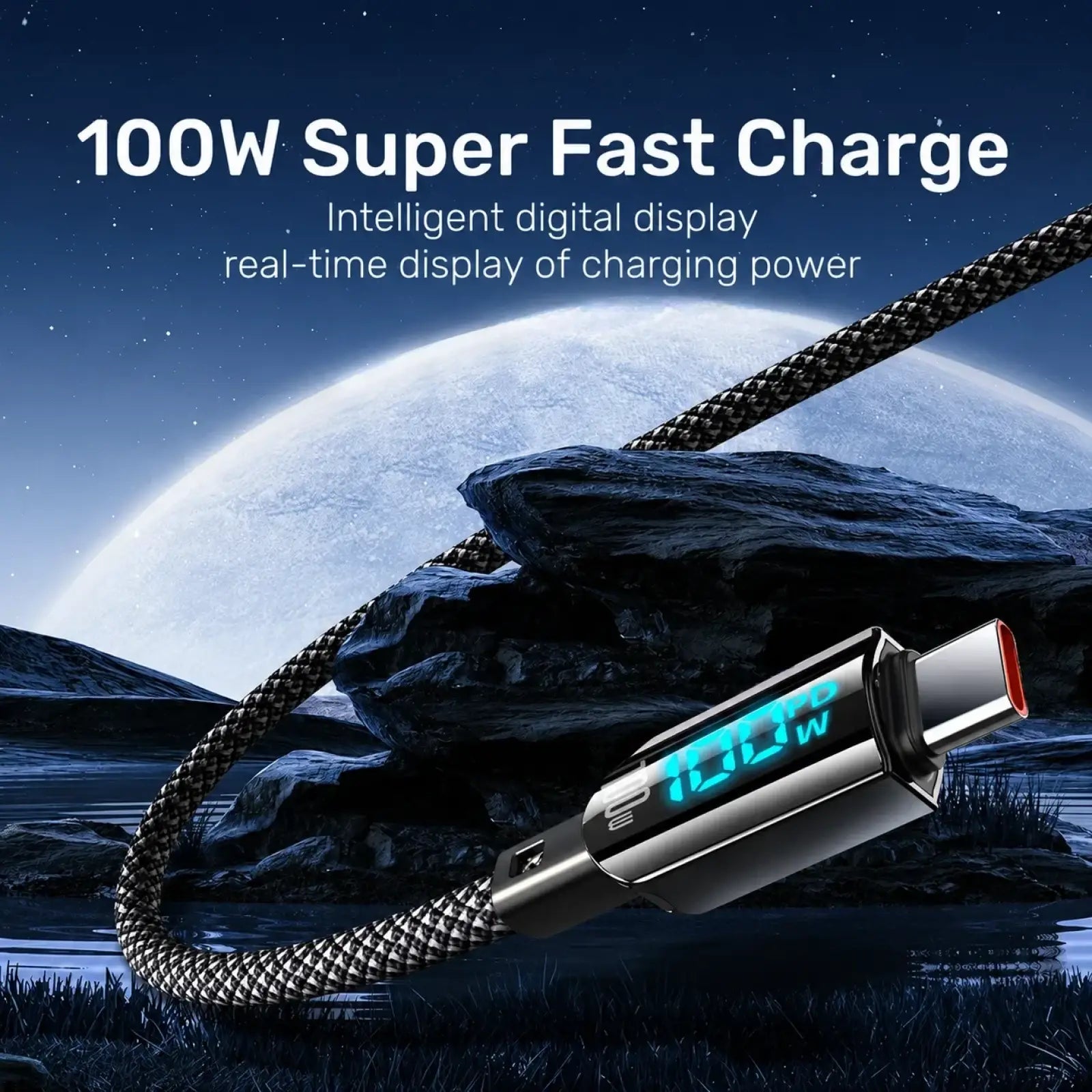 A sleek black braided usb-c fast charging cable with a metallic connector and 100w led digital display