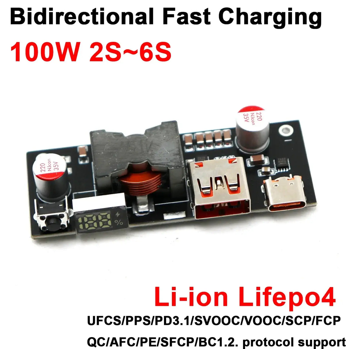 Black circuit board with silver USB ports and red capacitors for 100w PD3.1 fast charger power bank module BMS