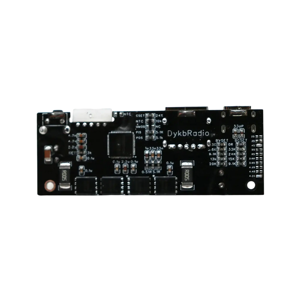 Black printed circuit board with silver solder points and dykbradio branding for 100w pd3.1 fast charger power bank module bms
