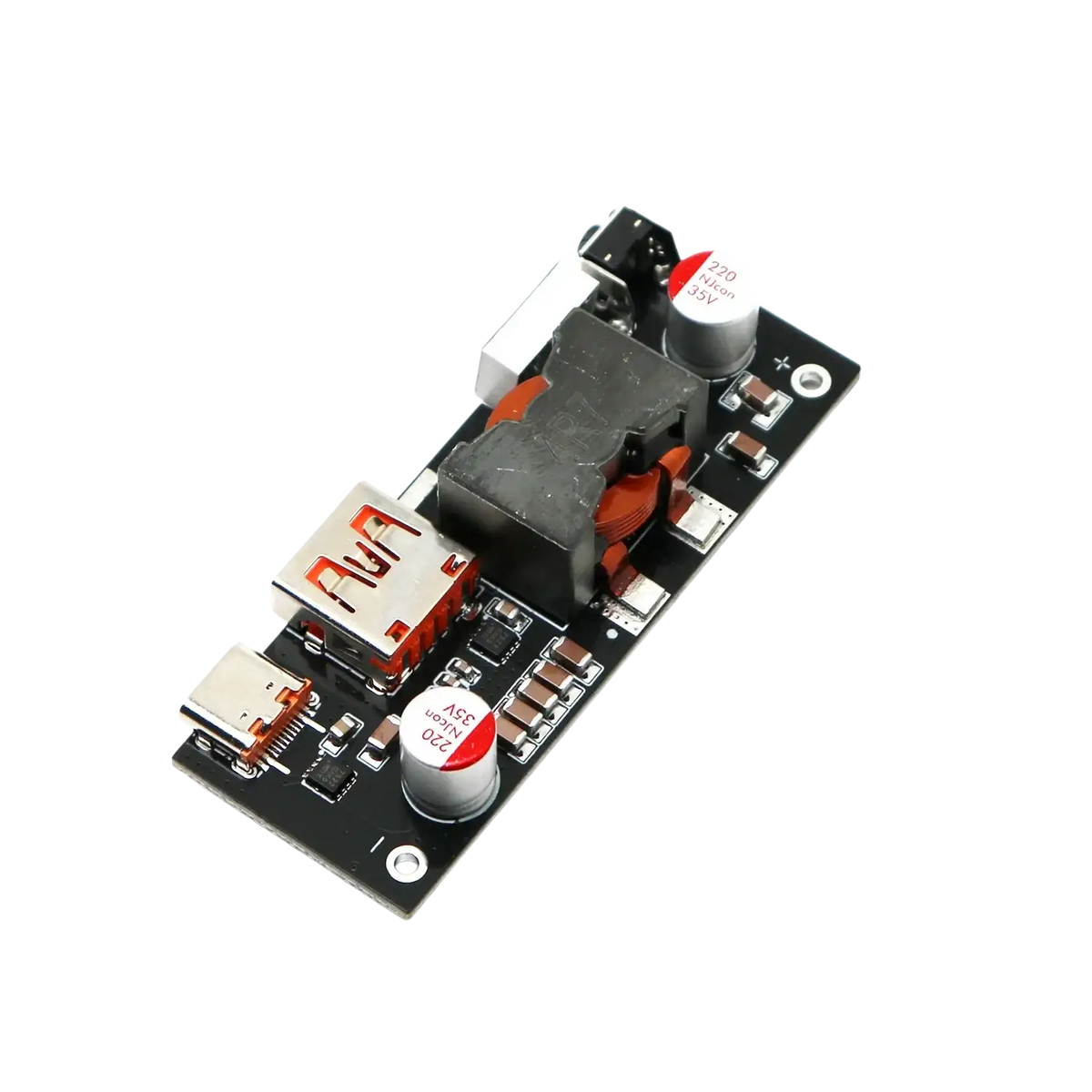 Black rectangular 100w pd3.1 fast charger power bank module with silver usb-a and micro-usb ports and orange capacitors