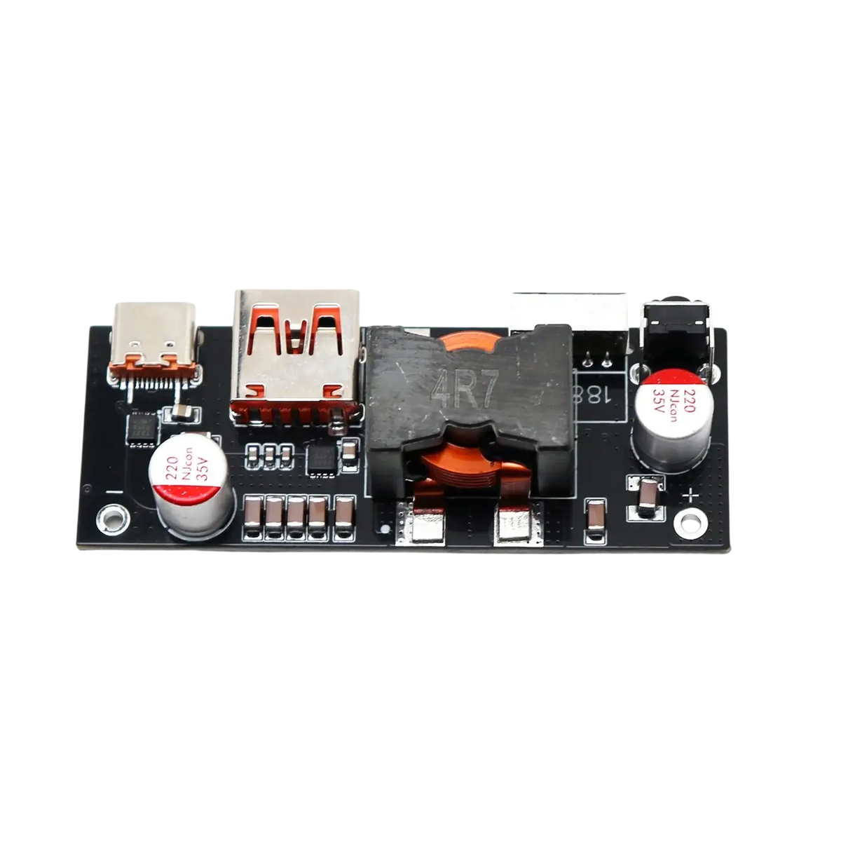 Black rectangular 100w pd3.1 fast charger power bank module bms with two usb ports orange capacitors and black transformer
