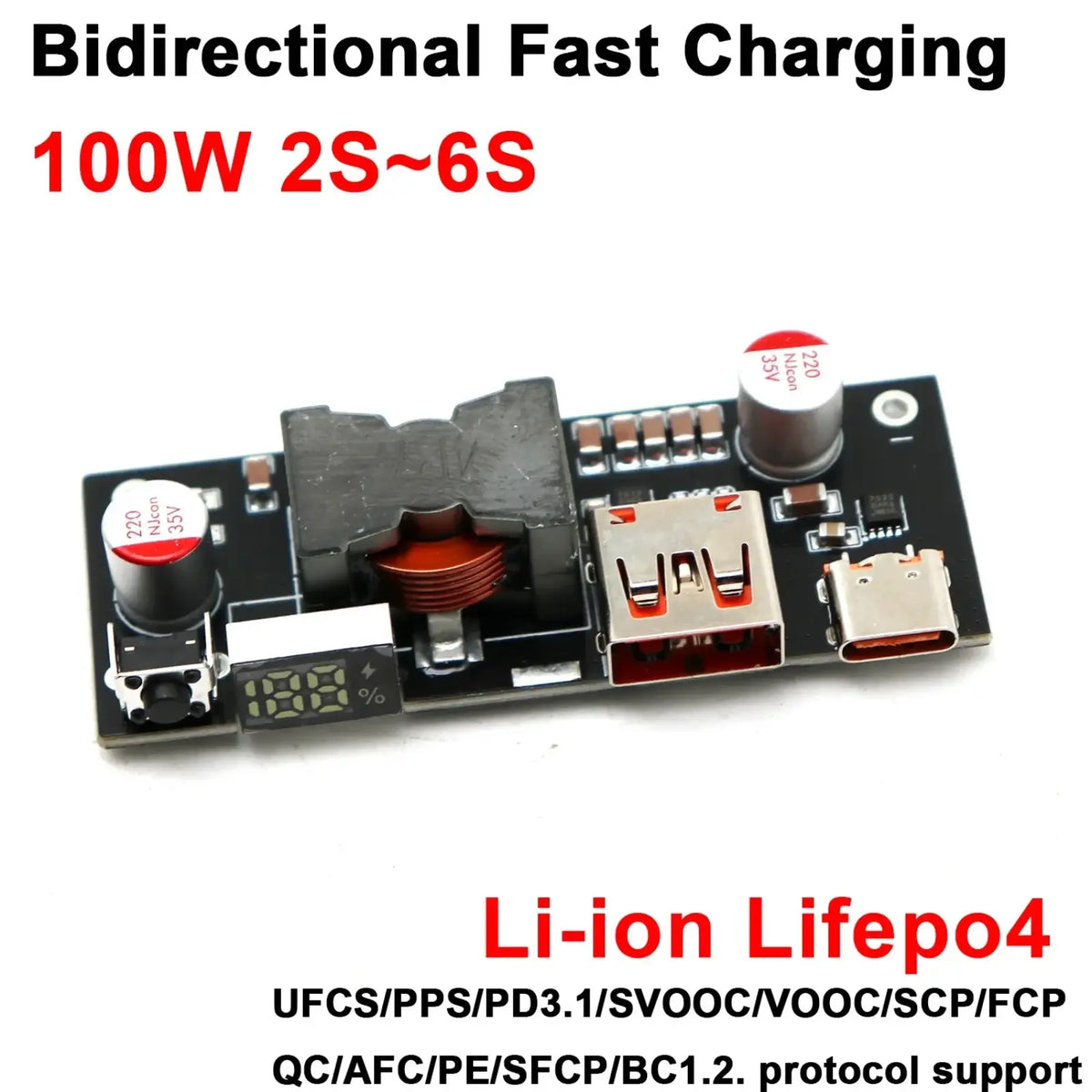 Black circuit board with silver USB ports and red capacitors for 100w PD3.1 fast charger power bank module BMS