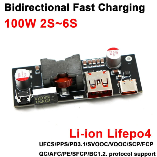 Black circuit board with silver USB ports and red capacitors for 100w PD3.1 fast charger power bank module BMS