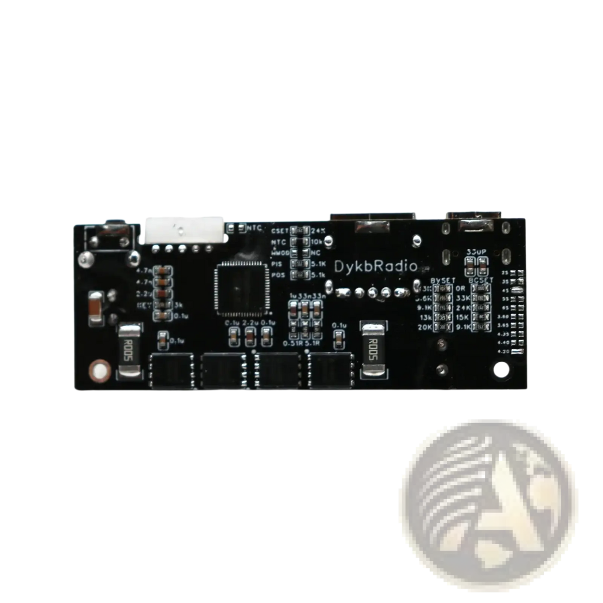 Black printed circuit board with silver solder points and dykbradio branding for 100w pd3.1 fast charger power bank module bms