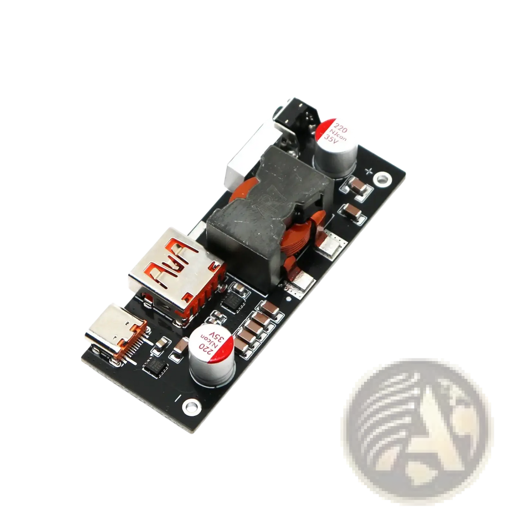 Black rectangular 100w pd3.1 fast charger power bank module with silver usb-a and micro-usb ports and orange capacitors